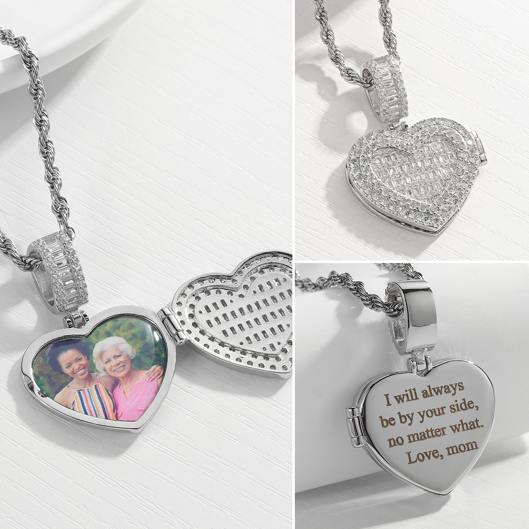 Collier avec photo personnalisée et médaillon en forme de coeur étincelant