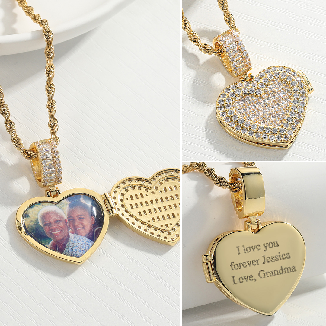 Collier avec photo personnalisée et médaillon en forme de coeur étincelant