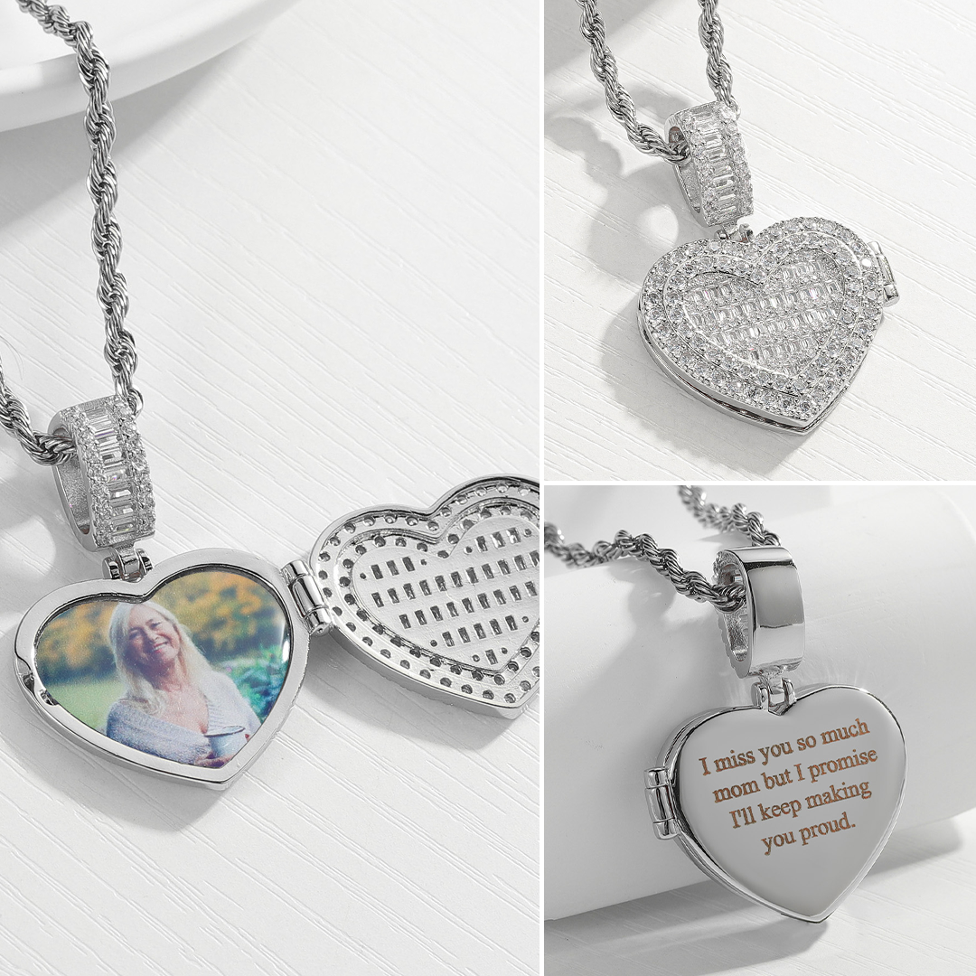 Collier avec photo personnalisée et médaillon en forme de coeur étincelant