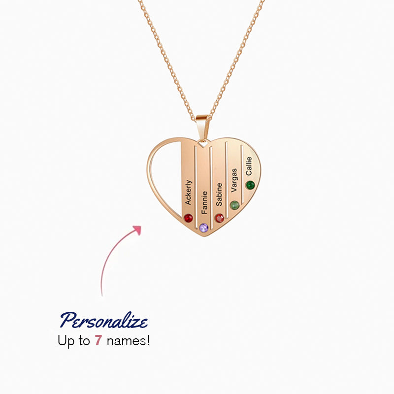 Collier avec nom de famille en forme de coeur et pierre de naissance