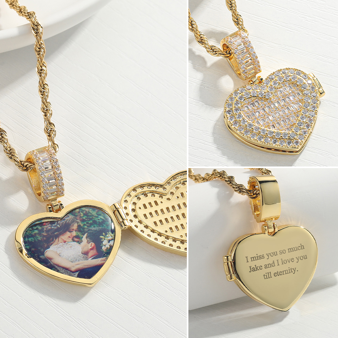 Collier avec photo personnalisée et médaillon en forme de coeur étincelant